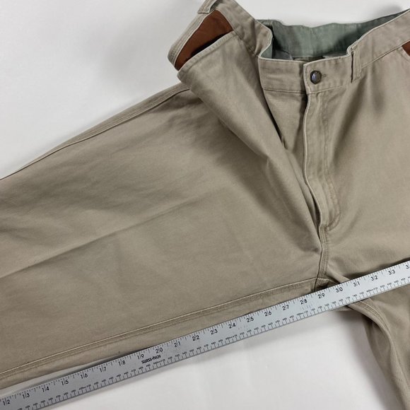 Orvis Zambezi Twill Pants Mens 38 x 29 Khaki Cotton with Leather Trim Cuffed - Picture 11 of 12